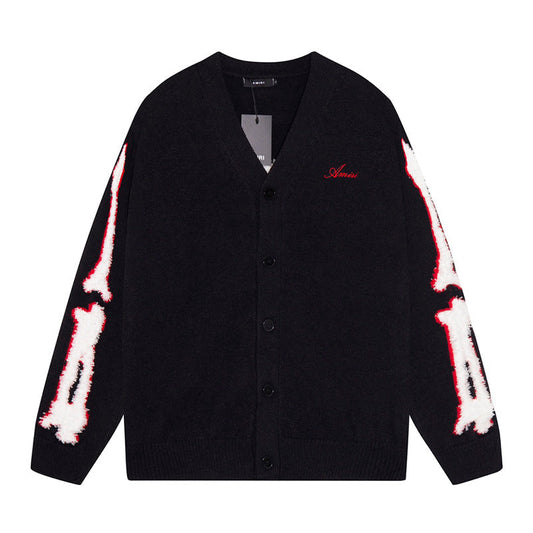 AMRI Cotton V-Neck Bones Cardigan Sweater Black
